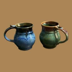 2 Artisan Handmade Pottery Mugs Signed 2010 Blue Brown Green Earth Tones